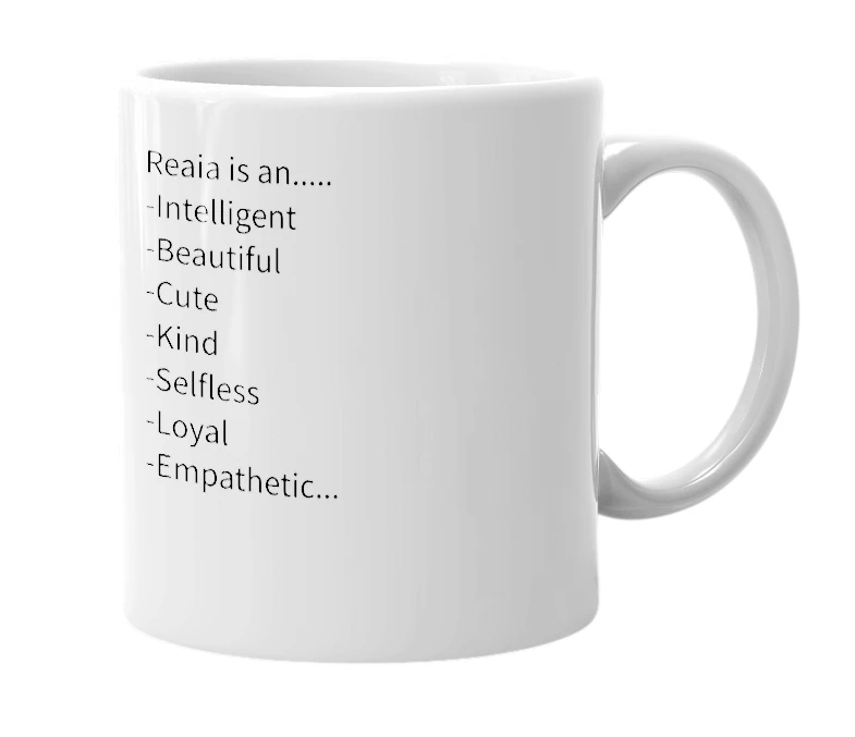 White mug with the definition of 'Reaia'