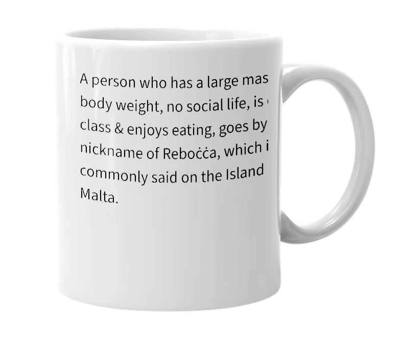 White mug with the definition of 'Reboċċa'