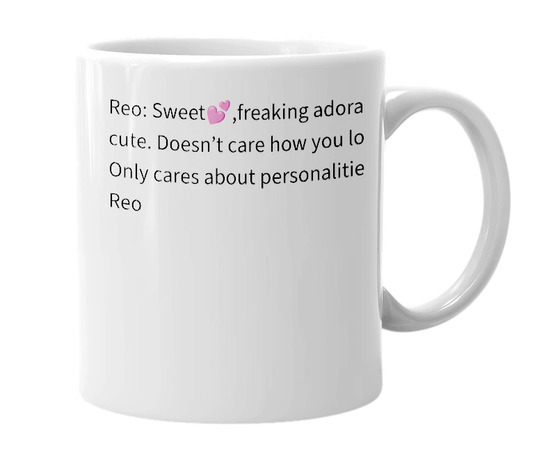 White mug with the definition of 'Reo'