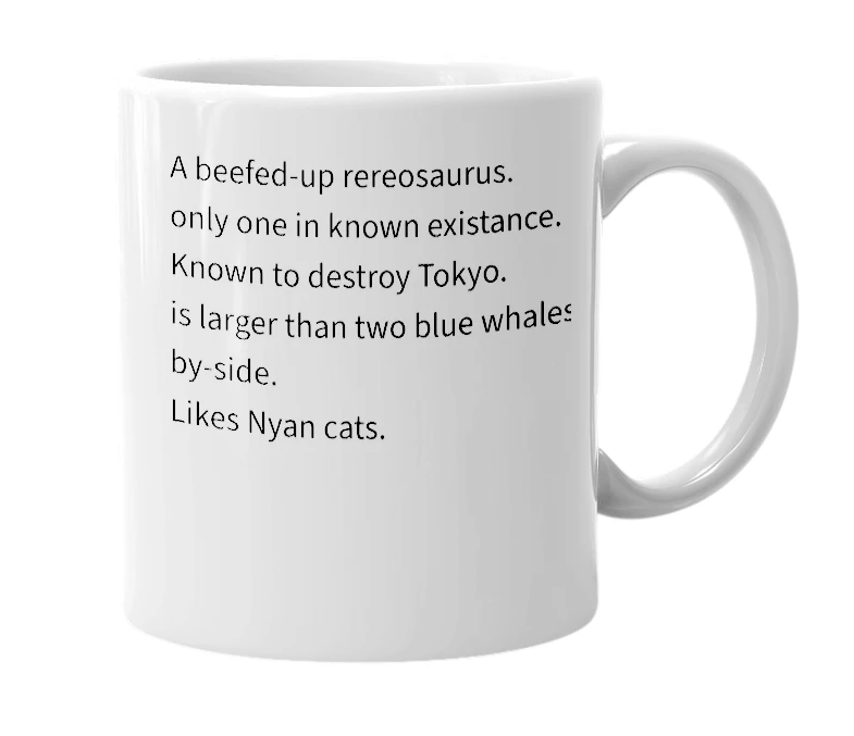 White mug with the definition of 'Rereosaurus rex'