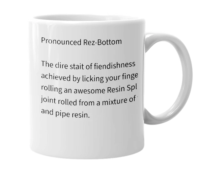 White mug with the definition of 'Res Bottom'