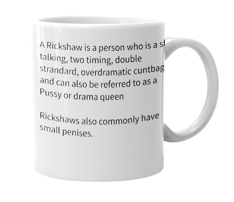 White mug with the definition of 'Rickshaw'