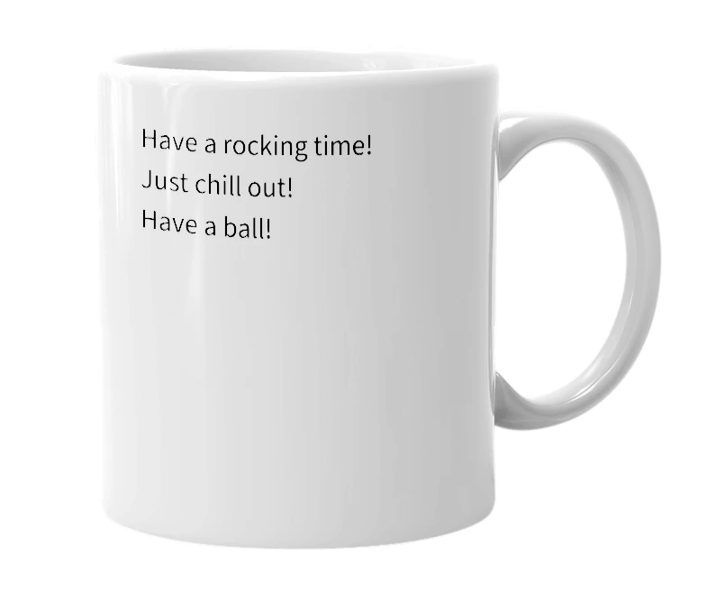 White mug with the definition of 'Rock on!'