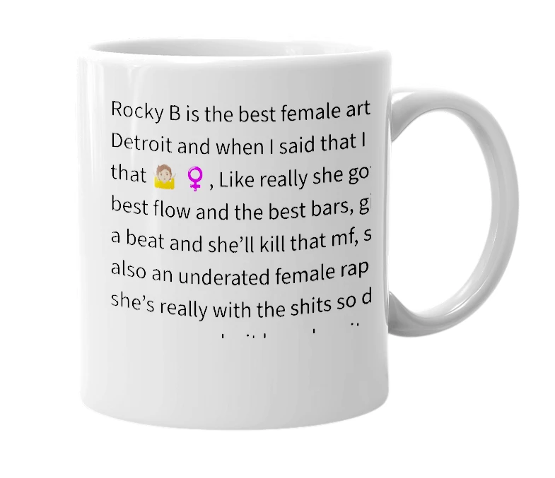 White mug with the definition of 'Rocky Badd'