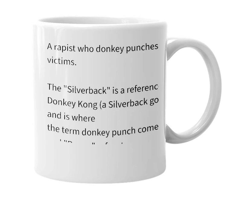 White mug with the definition of 'Rogue Silverback'