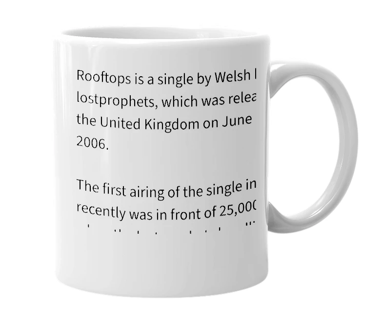 White mug with the definition of 'Rooftops (a liberation broadcast)'