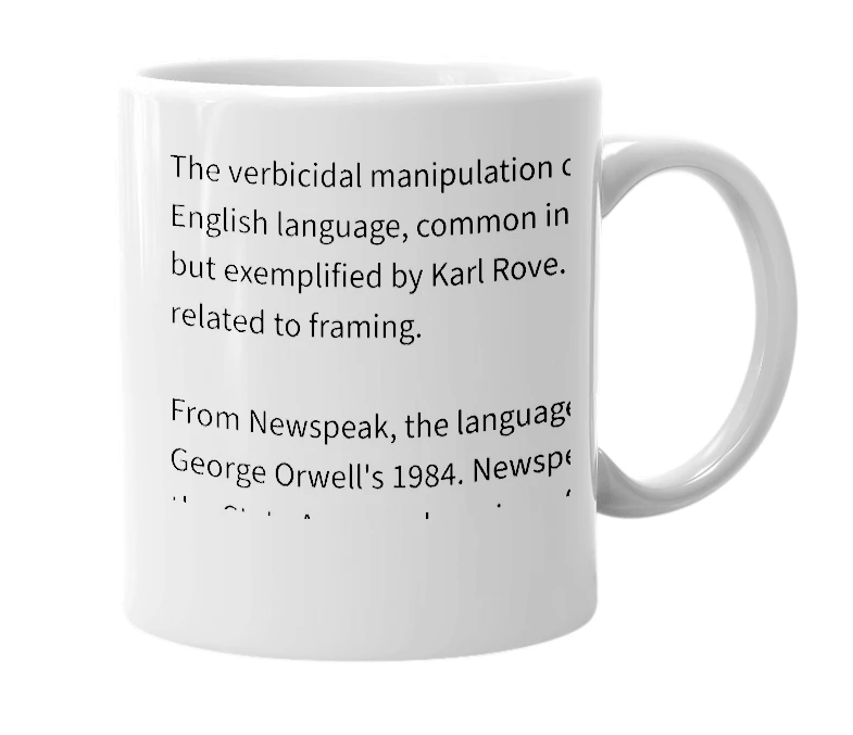 White mug with the definition of 'Rovespeak'