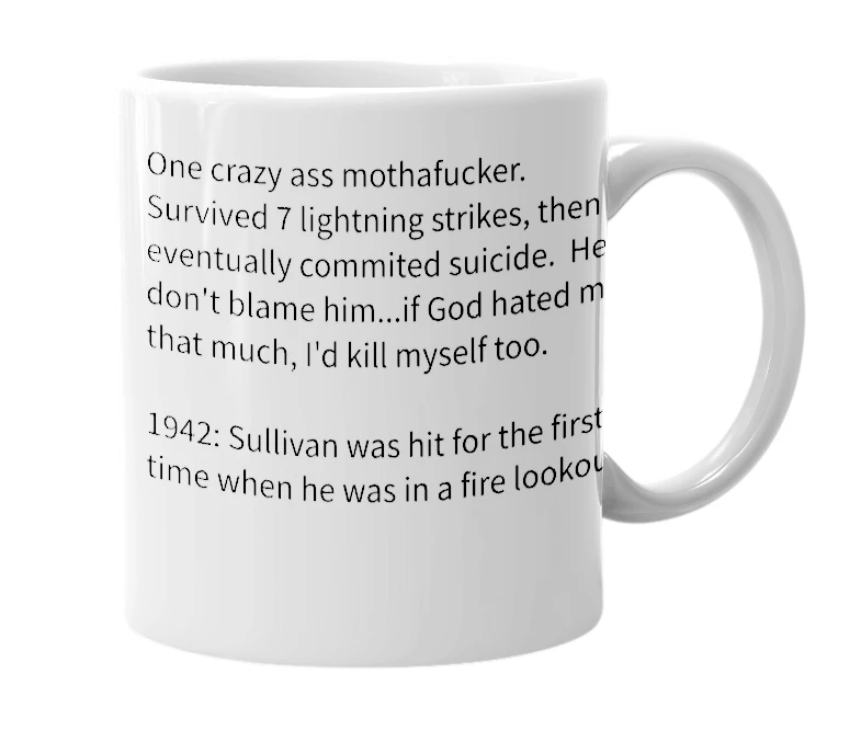 White mug with the definition of 'Roy Sullivan'
