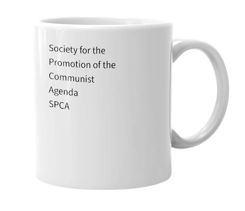 White mug with the definition of 'SPCA'