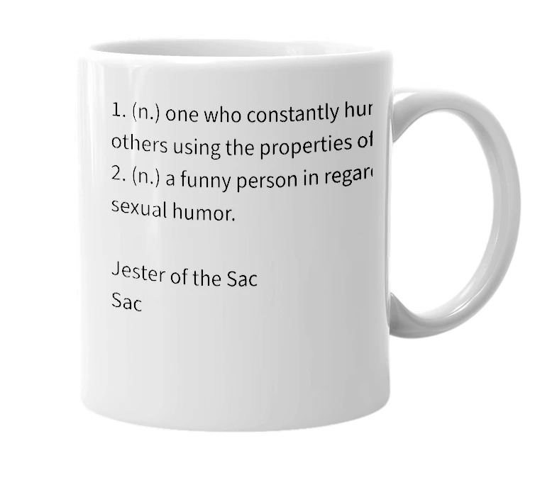 White mug with the definition of 'SacJester'