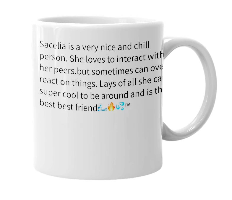 White mug with the definition of 'Sacelia'