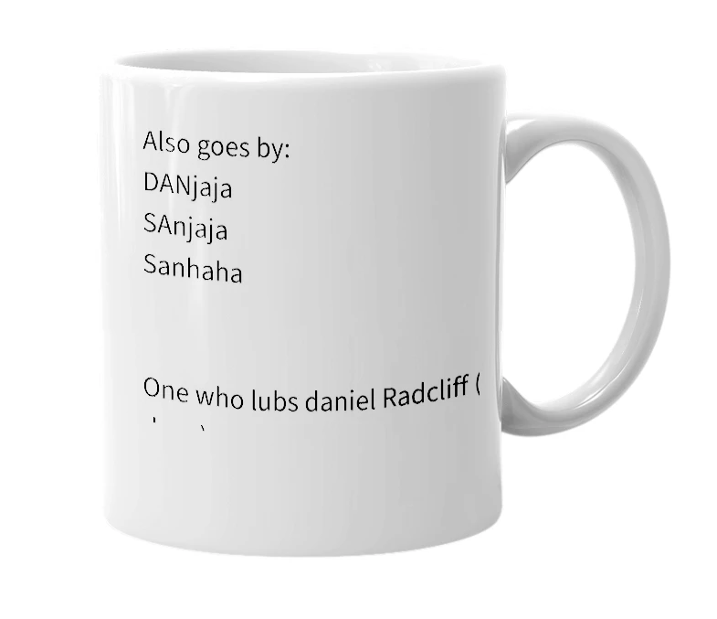 White mug with the definition of 'Sanjana'