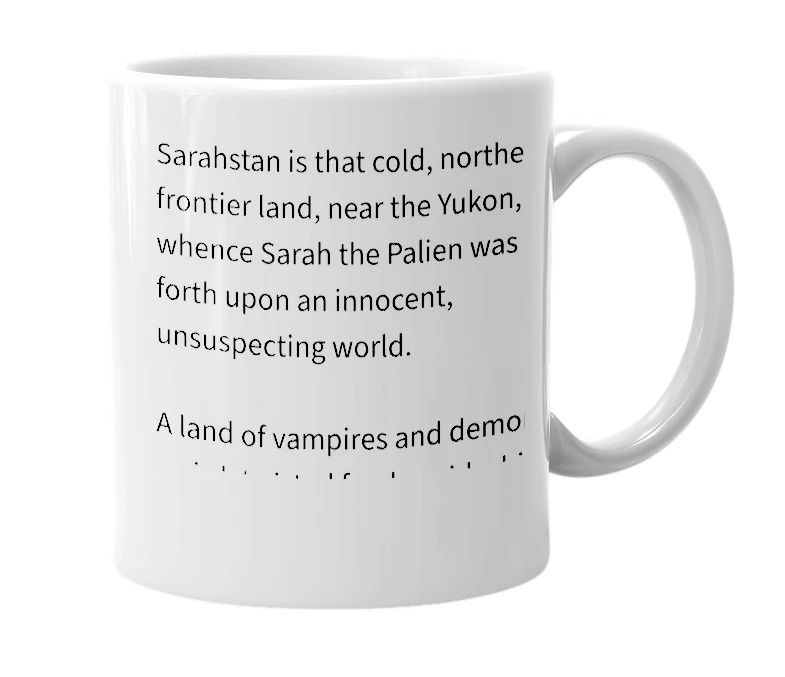 White mug with the definition of 'Sarahstan'