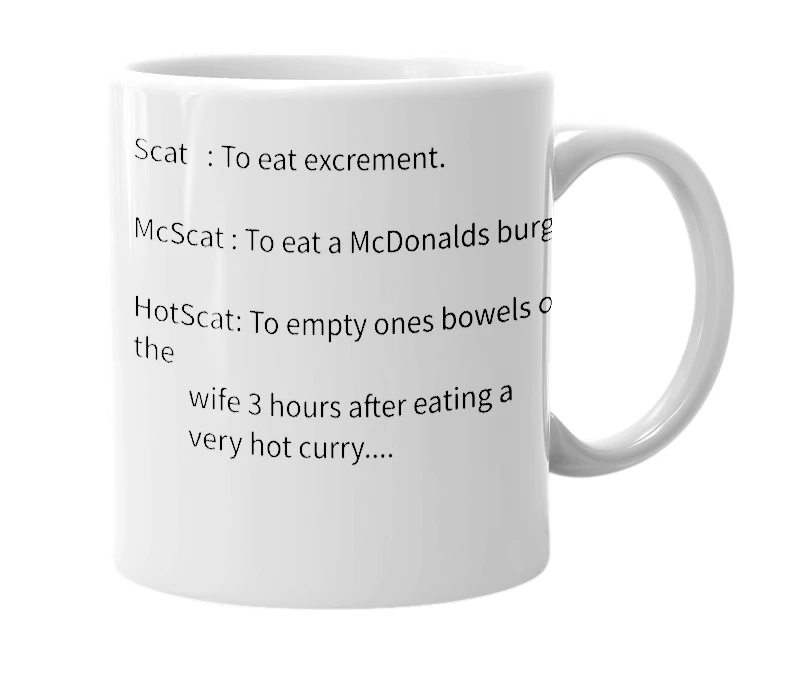 White mug with the definition of 'Scat.'