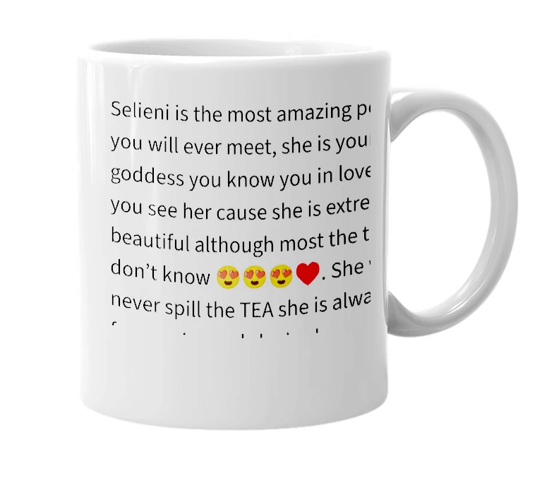 White mug with the definition of 'Selieni'