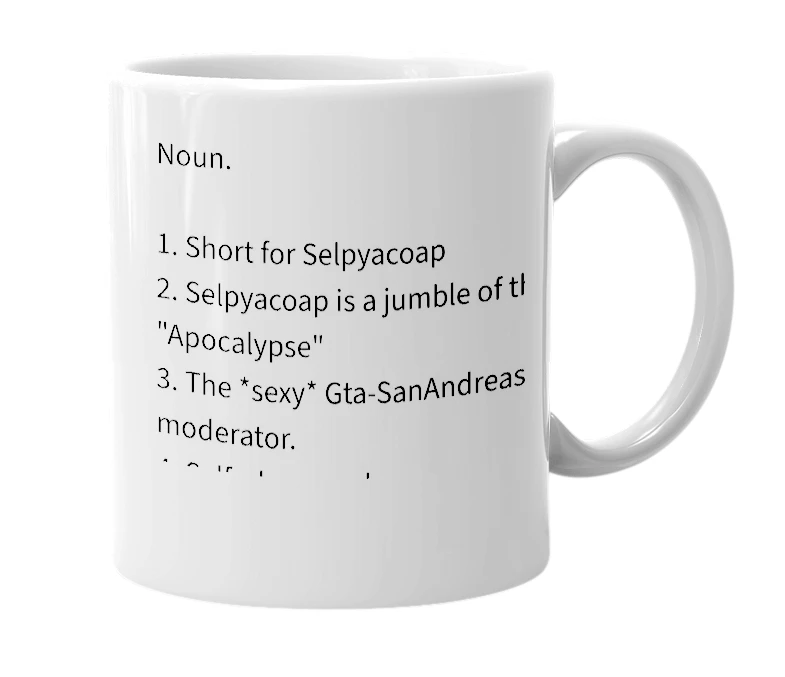 White mug with the definition of 'Selpy'