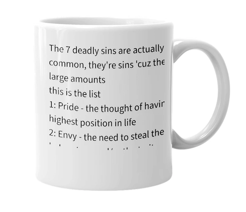 White mug with the definition of 'Seven Deadly Sins'