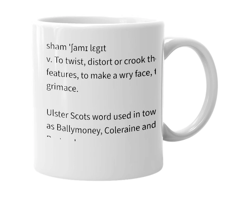 White mug with the definition of 'Sham'