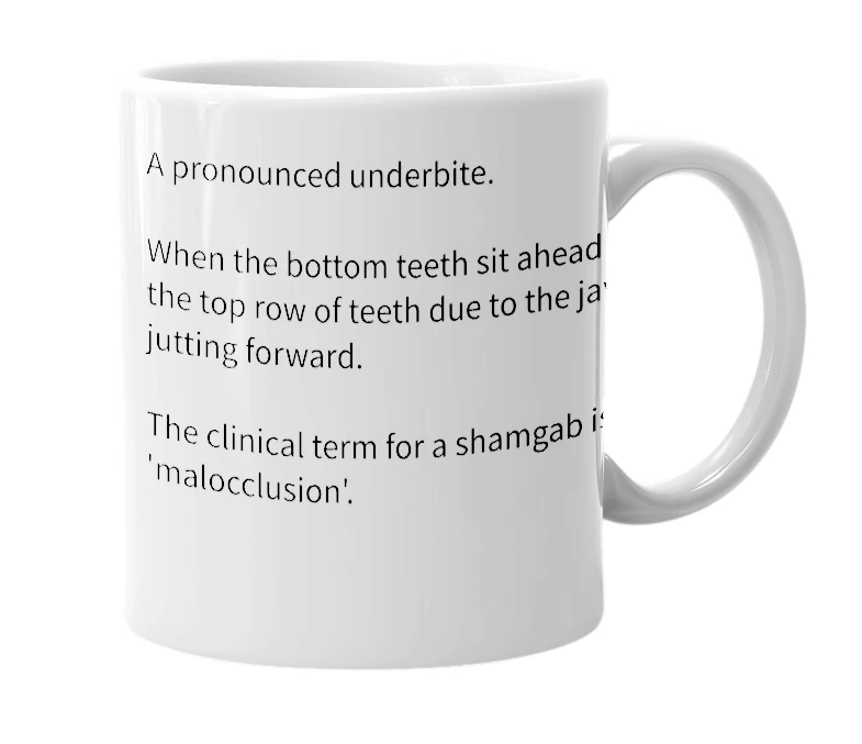 White mug with the definition of 'Shamgab'