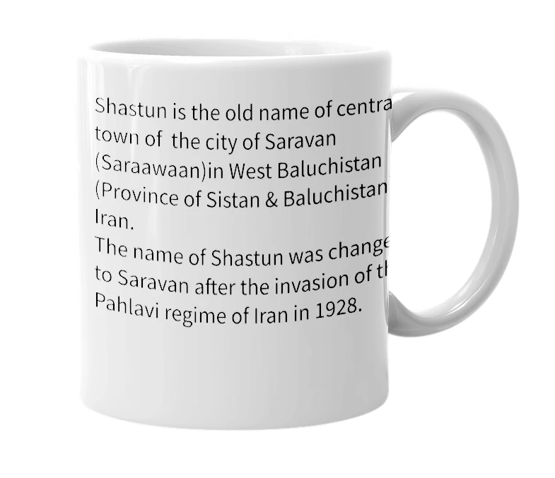 White mug with the definition of 'Shastun'