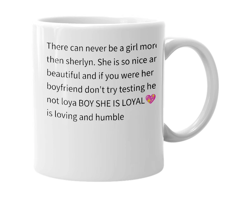 White mug with the definition of 'Sherlyn'