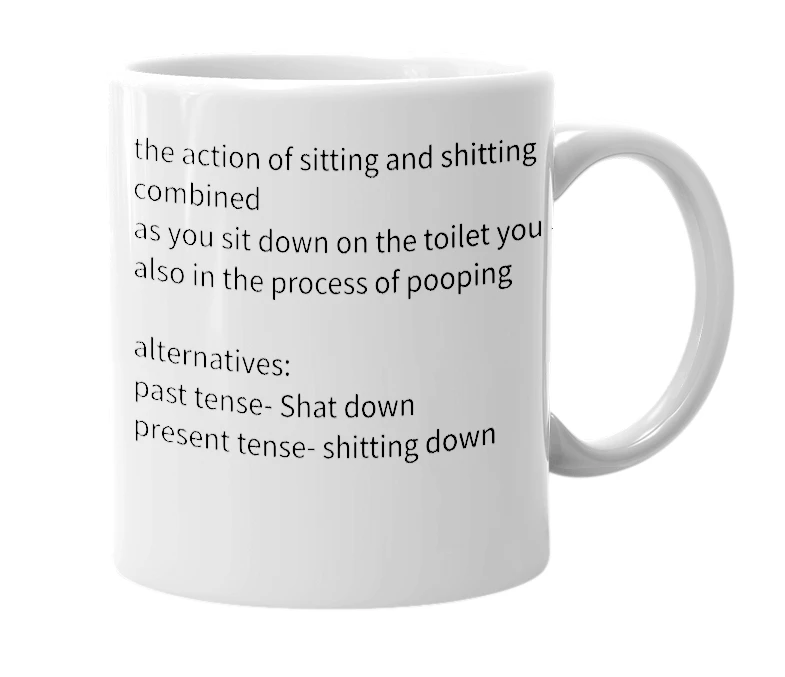 White mug with the definition of 'Shit Down'