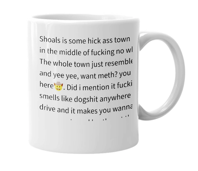 White mug with the definition of 'Shoals'