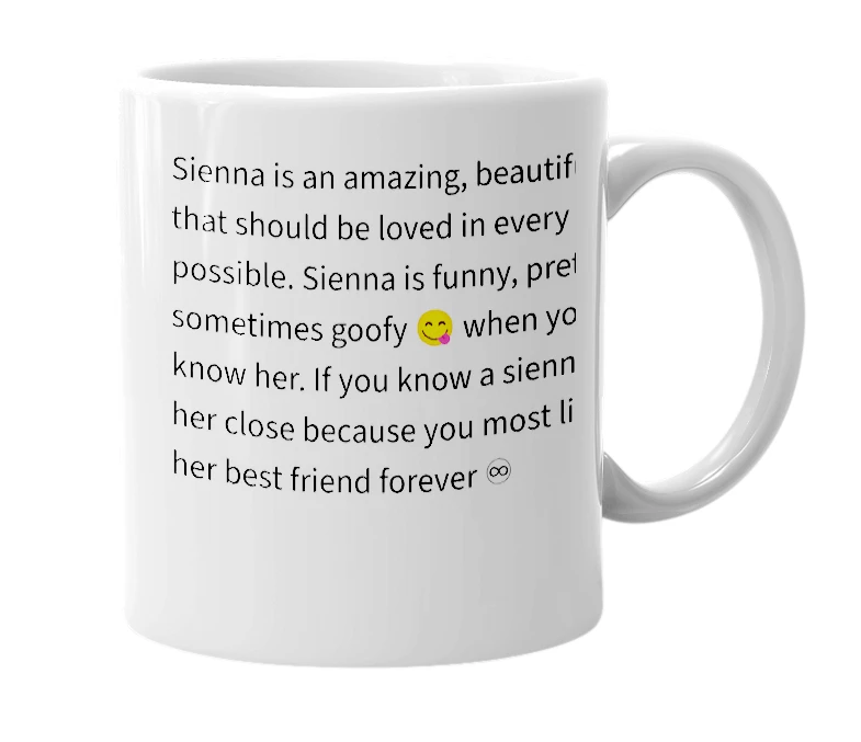 White mug with the definition of 'Sienna'