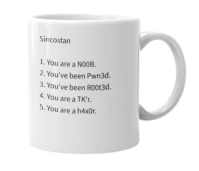 White mug with the definition of 'Sincostan'