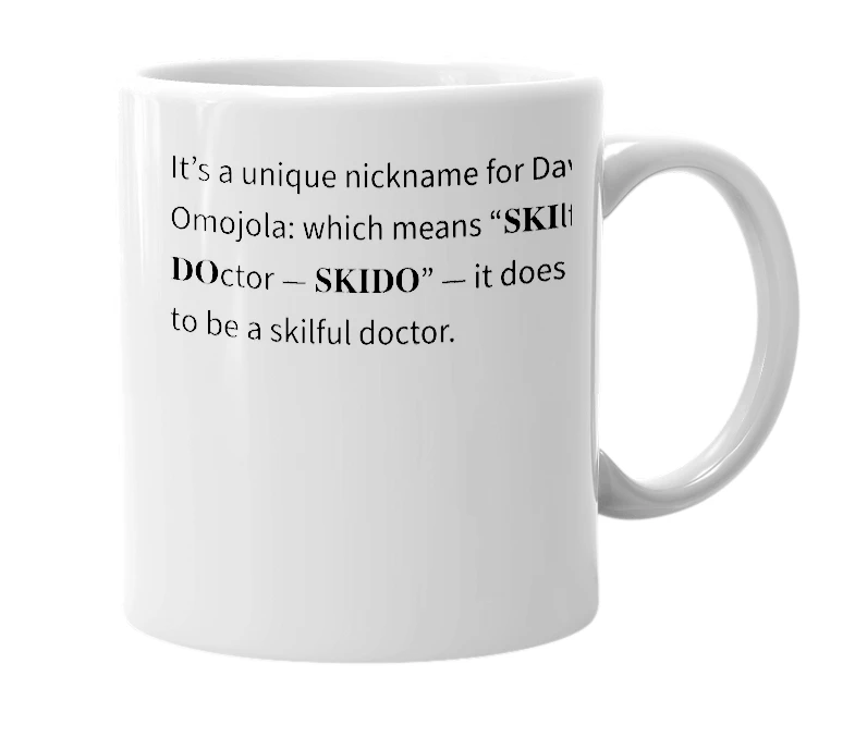 White mug with the definition of 'Skido'