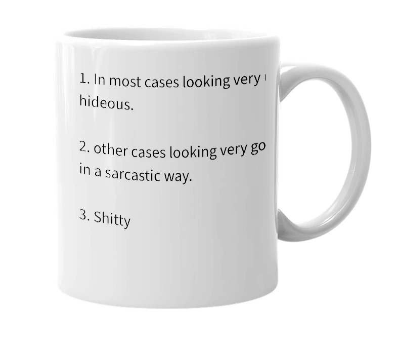 White mug with the definition of 'Snaggly'