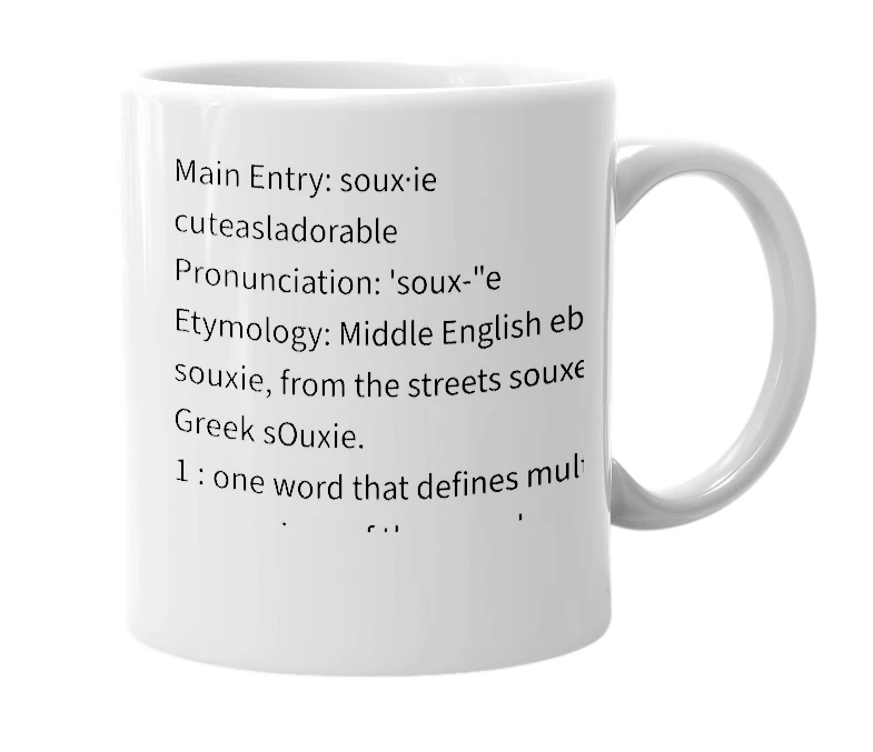White mug with the definition of 'Souxie'