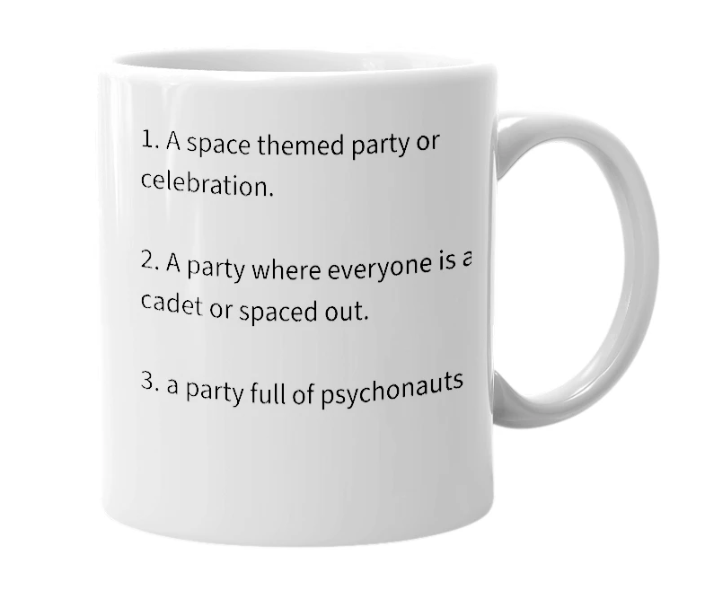 White mug with the definition of 'Space Party'