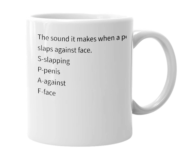 White mug with the definition of 'Spaf'