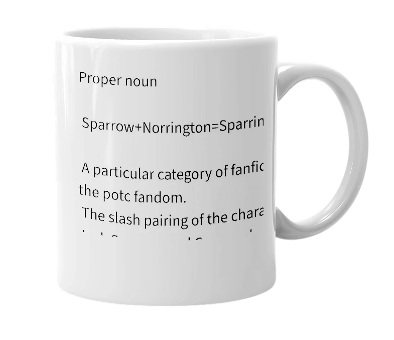 White mug with the definition of 'Sparrington'