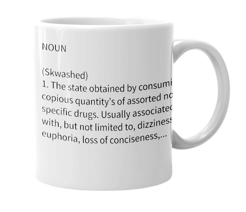 White mug with the definition of 'Squashed'
