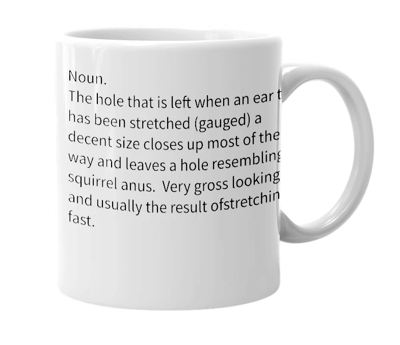 White mug with the definition of 'Squirrelhole'