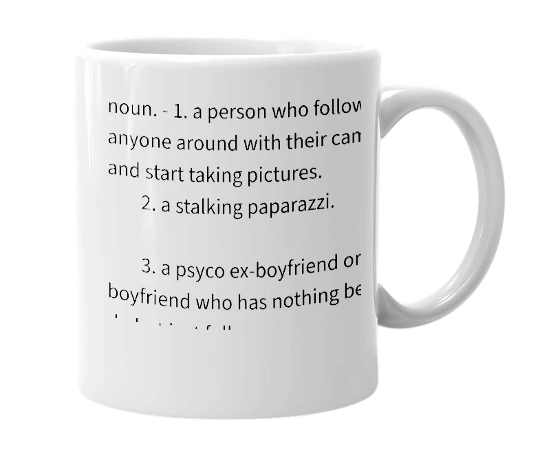 White mug with the definition of 'Stalkarazzi'