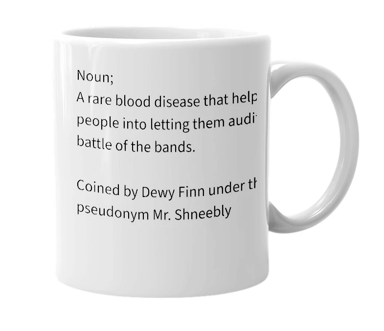 White mug with the definition of 'Stickittodamaneosis'