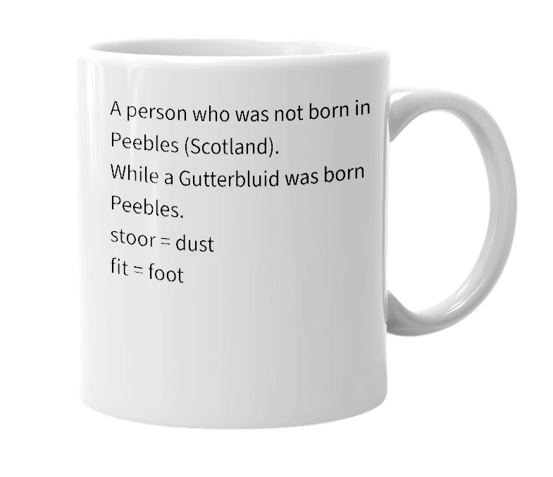 White mug with the definition of 'Stoorifit'