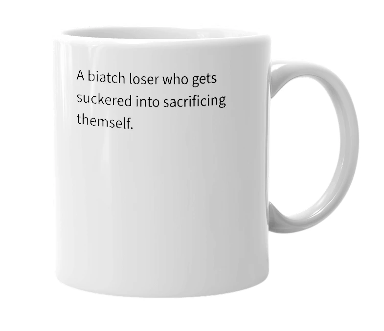 White mug with the definition of 'Suckerfice'