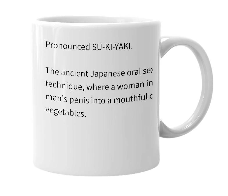 White mug with the definition of 'Suckiyaki'