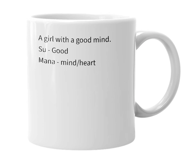 White mug with the definition of 'Sumana'