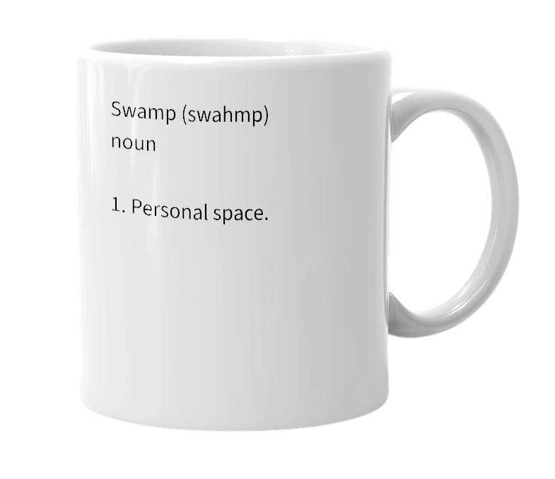 White mug with the definition of 'Swamp'