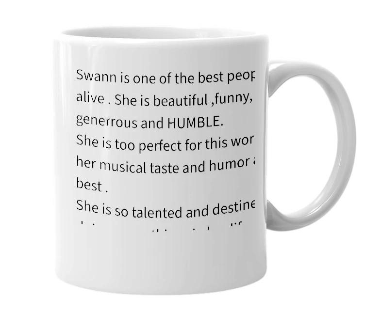 White mug with the definition of 'Swann'