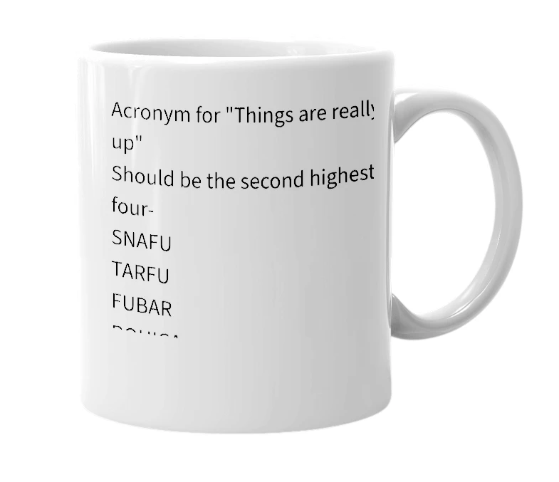 White mug with the definition of 'TARFU'