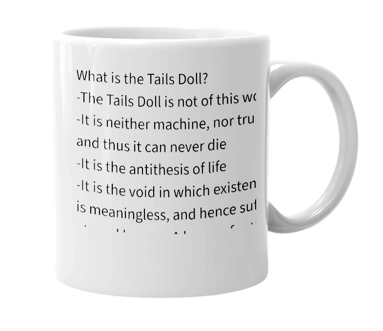 White mug with the definition of 'Tails Doll'