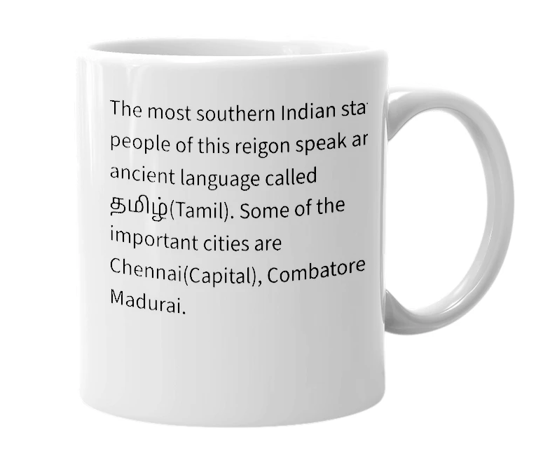 White mug with the definition of 'Tamil Nadu'