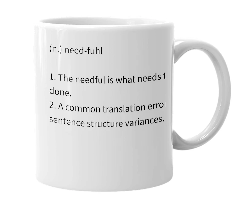 White mug with the definition of 'The Needful'