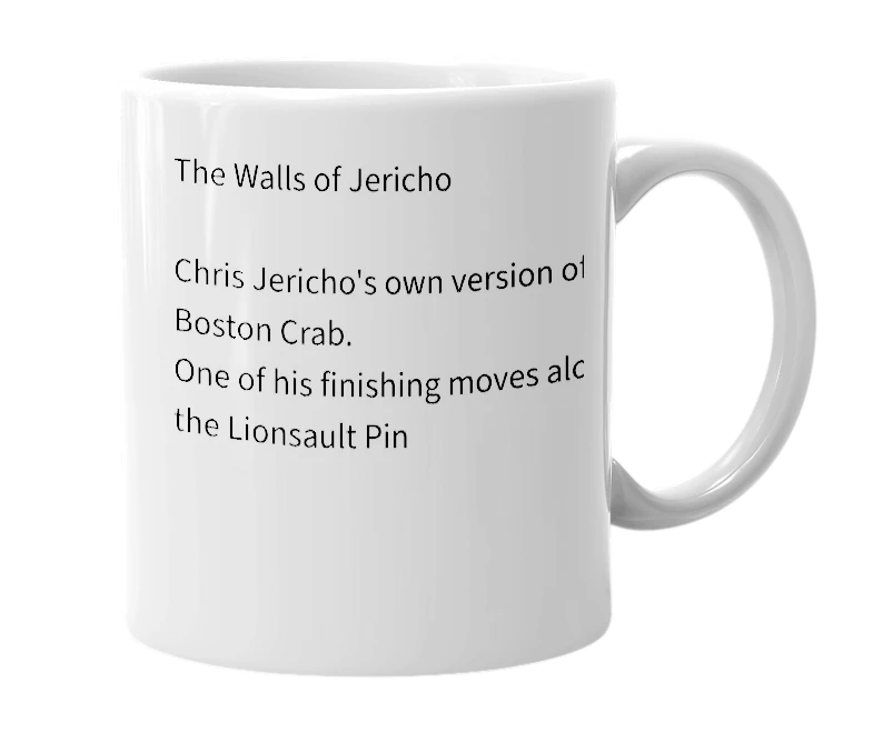 White mug with the definition of 'The Walls of Jericho'